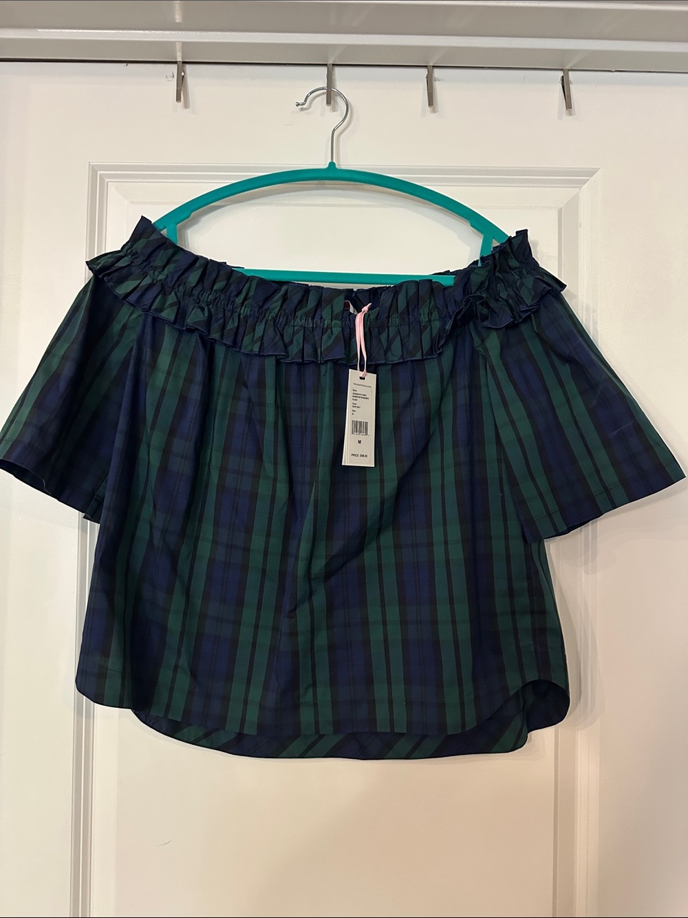 Vineyard Vines Navy & Green Plaid Off-Shoulder Ruffle Crop Top